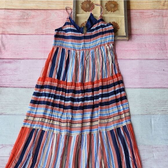 Aratta Silent Journey‎ Multicolored Striped Cotton Flowy Boho Maxi Dress Small - Picture 1 of 7